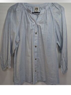 Anne Klein Light Blue & White Striped Blouse with Gold Thread
